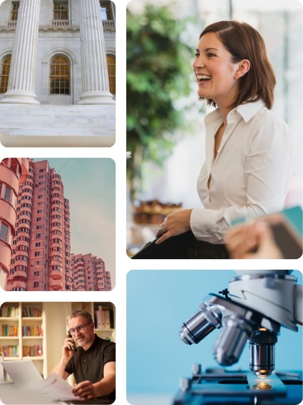 collage of images representing industries served including courts and legal